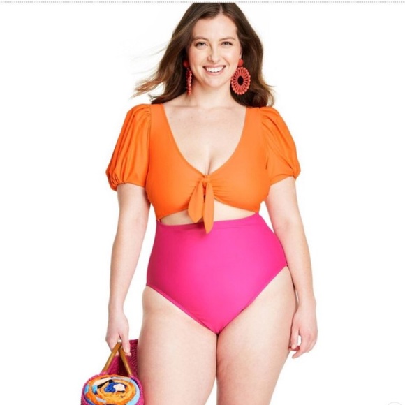 New! Tabitha Brown x Target Color Block Puff Sleeve Tie-Front Swimsuit Cutout - Picture 2 of 4